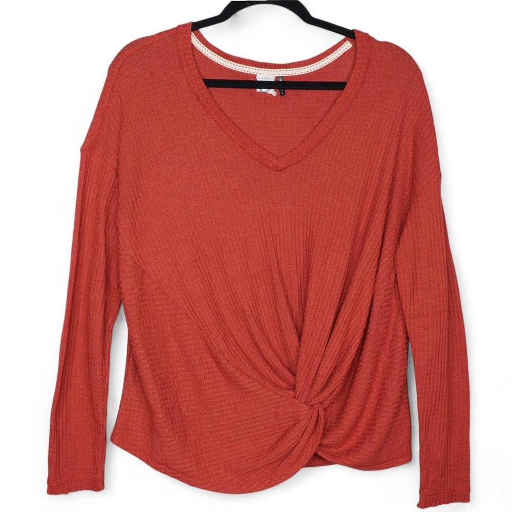 Anthropologie Akemi + Kin Rust Twist Front Top Waffle Knit V-Neck Long Sleeve M